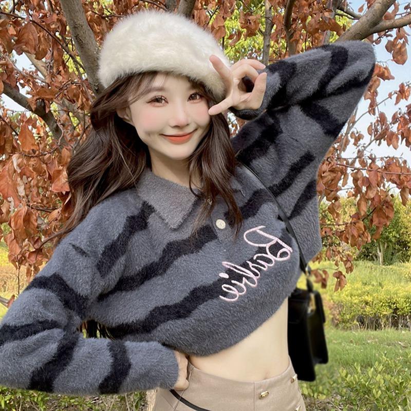 Женский свитер Короткий стиль Мягкий Восковой Нежный Стиль Пуловер Лацкан One Size