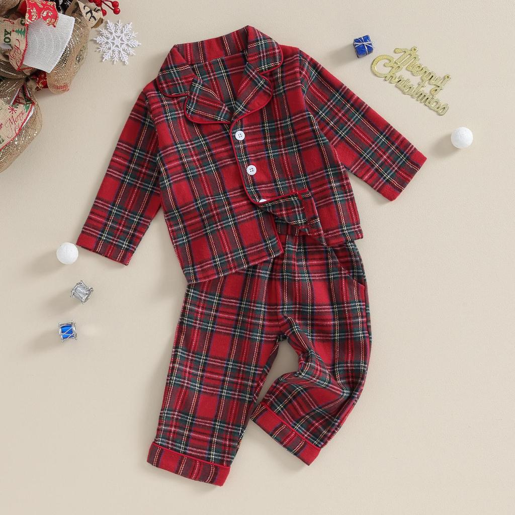 Christmas Infant Toddler Kid Baby Girl Boy Clothes Sets Plaid Print Long Sleeve Tops Pants Xmas Outfit Costume
