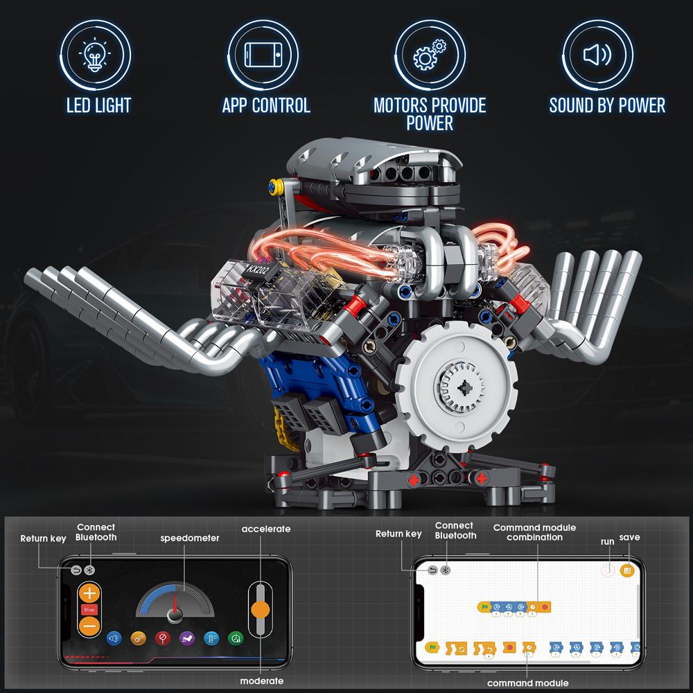 1:1 Supercar V8 Engine Building Blocks Set MOC Bricks Technical Model Assembly Toys LED APP RC Car Accessories