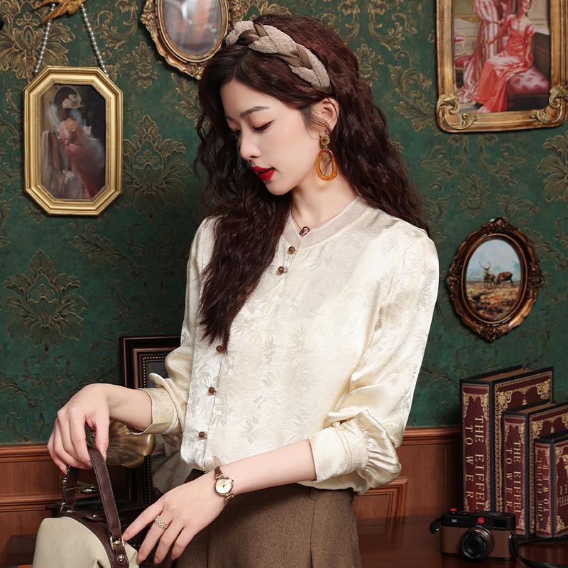 Plate Button Shirt Women's Spring and Autumn Retro Tang Dynasty Oblique Placket Long-sleeved Blouse