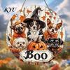 Autumn Maple Leaf Decor Wooden Halloween Door Sign, Cute Puppy Witch Hat Pumpkin Boo Front Gift for Dog Lovers Hanger, Fall Wall Porch Home Decoration