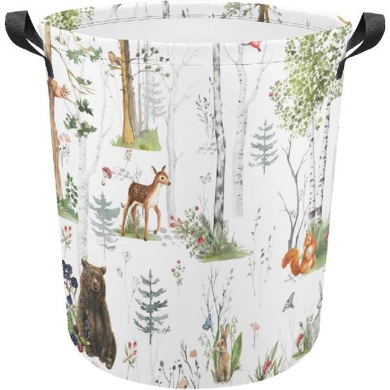 Woodland Animals Laundry Basket,Collapsible Clothes Hamper Waterproof Forest Fox Bear Deer Storage Basket with Handle Kids Room Jungle Deer Laundry