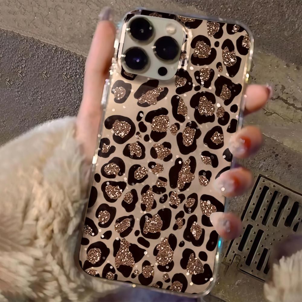 Fashion Leopard Print Silicone Bling Glitter Phone Case For iPhone 17 11 12 13 Plus 14 15 16 Pro Max Shockproof Clear Soft Cover