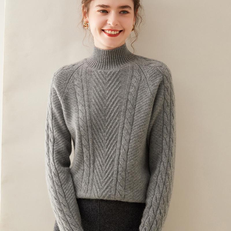 

Женский утолщенный кашемировый свитер - Осень/Зима, Полувысокая горловина, Пуловер с узором «косы», Повседневная мода. 2XL 135-150 Jin