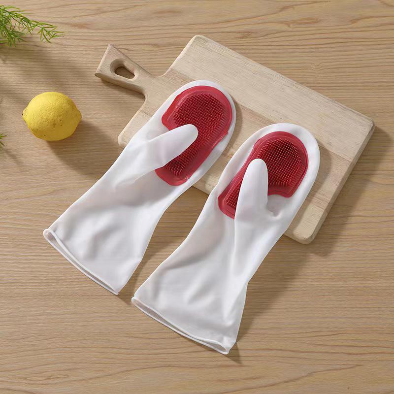 Magic Silicone Dishwashing Gloves with Soft Bristle Brush - Durable, Waterproof Kitchen Cleaning Gloves.