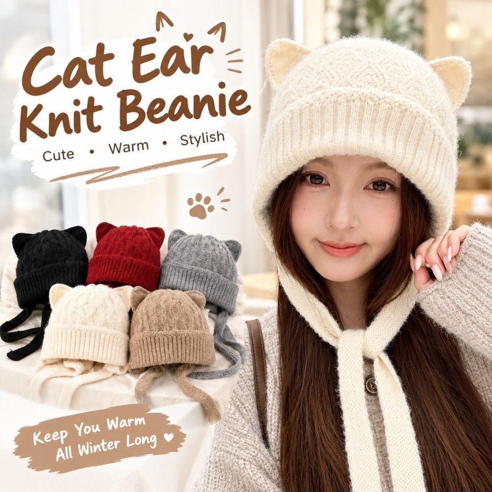 Warm Knitted Cat Ear Knit Hat Windproof Head Cover Korean Style Soft Beanie Winter Commuting