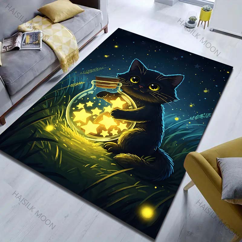 1PC Black cat holding star jar Carpet for Living Room Bedroom Sofa Home Decor Rus Non-slip Floor Mat Luxury Gift