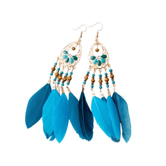 1 Pair Long Feather Tassel Drop Earrings Wooden Beads Bohemian Piercing Hollow Hook Earrings