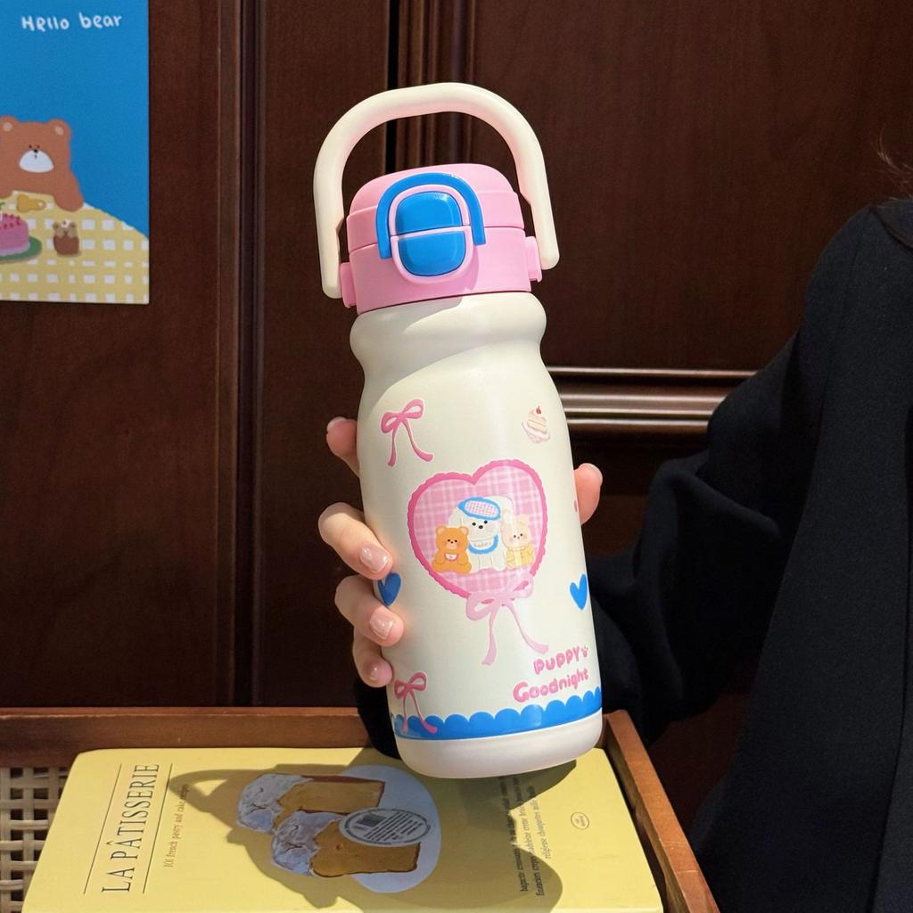 High-value Cartoon Children's Double Drink Bouncing Thermos Cup 316 Stainless Steel Straw Water Cup Handle Pot