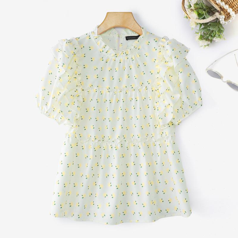 ZANZEA Women Casual Round Neck Short Sleeve Floral Print Summer Blouse