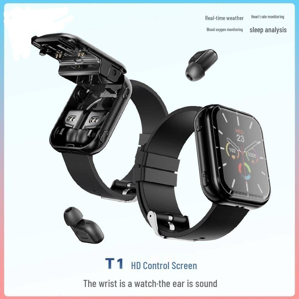 New T1 Smartwatch & TWS Earbuds: 2-in-1 Bluetooth Call, Music, Pedometer, Sports Watch - Black