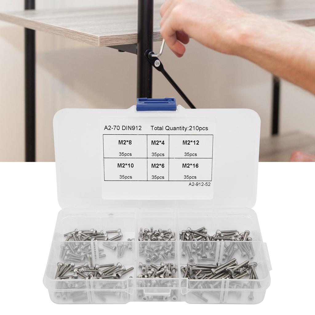 210Pcs Hex Socket Cap Head Screw 304 Stainless Steel Hardware Accessories Boxed Set M2