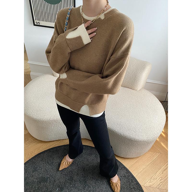 Sinan French-Style Lazy Knit Sweater SN2166 - Two-Piece Stitching, Autumn/Winter Collection