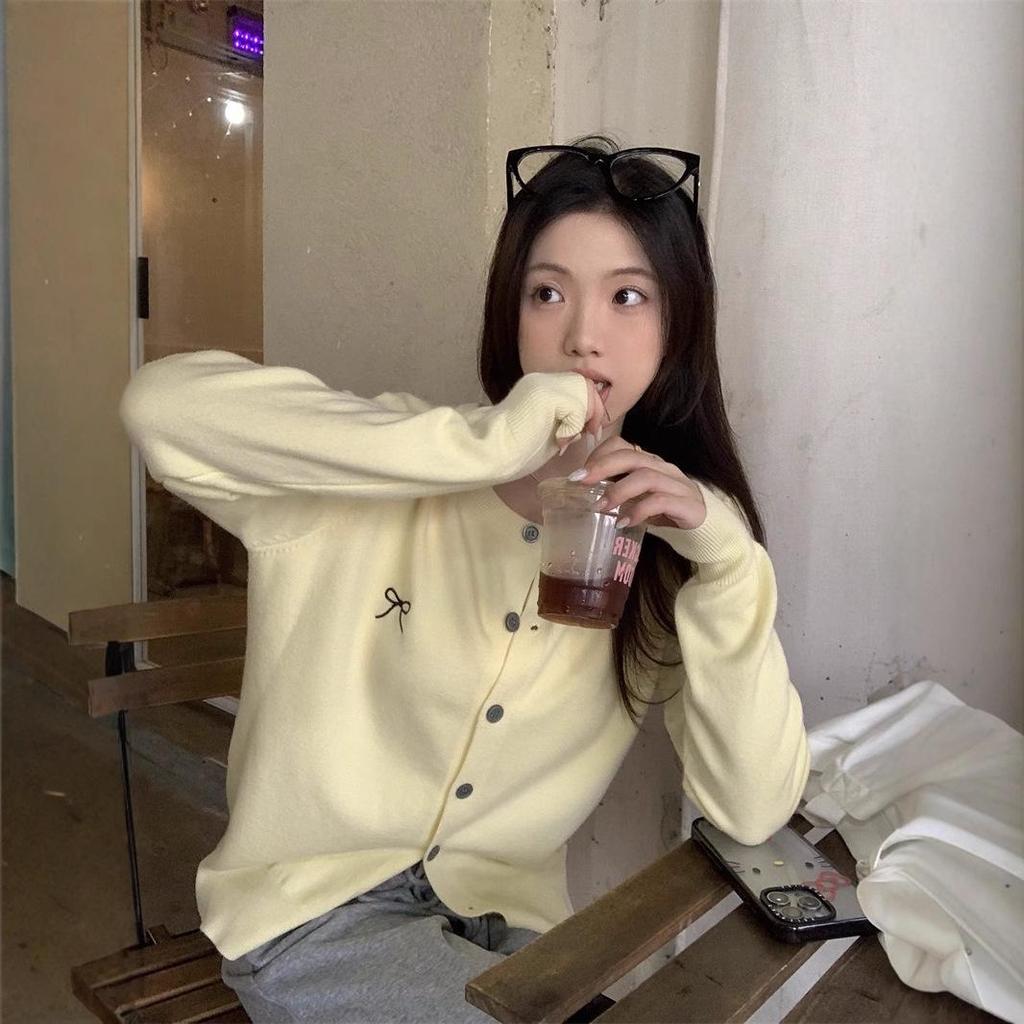 Women's Soft Knit Embroidered Bow Crew Neck Cardigan - Autumn Loose Sweater Coat