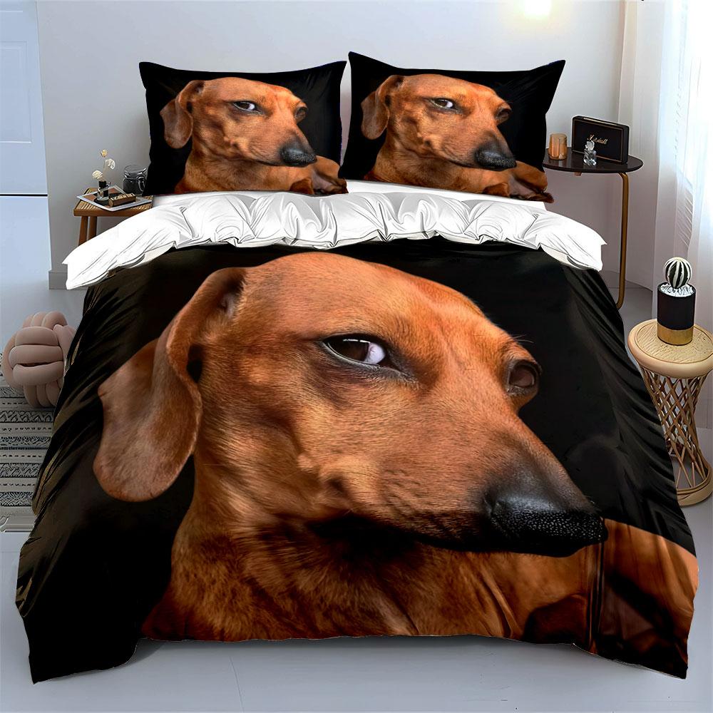 Brown Dachshund On Black Background Bedding Duvet Cover Set (1*Duvet Cover 2*Pillowcases, Without Duvet Insert)