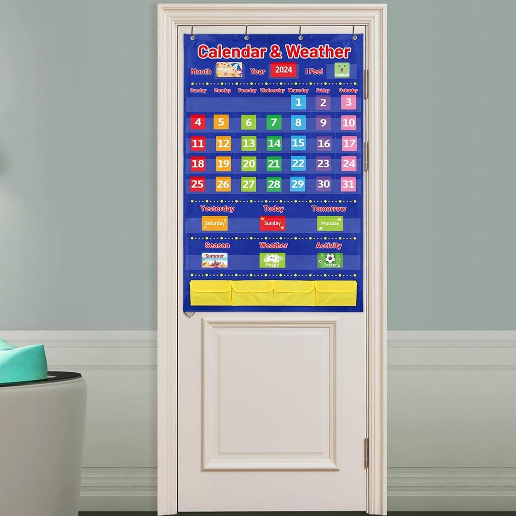 Calendar and Weather Pocket Chart for Kids with 136 Cards Classroom Calendar Pocket Chart School Homeschool Calendar Classroom Supplies Large 44.5" x