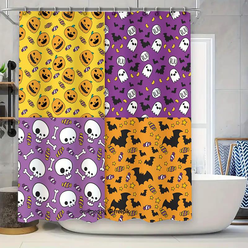 

Halloween Decor Shower Curtains Halloween Party Decoration Kids Room Bathroom Window Treats Sugar Skull Ghost Pumpkin Bat Patter W60H190(CM)-1 Pcs