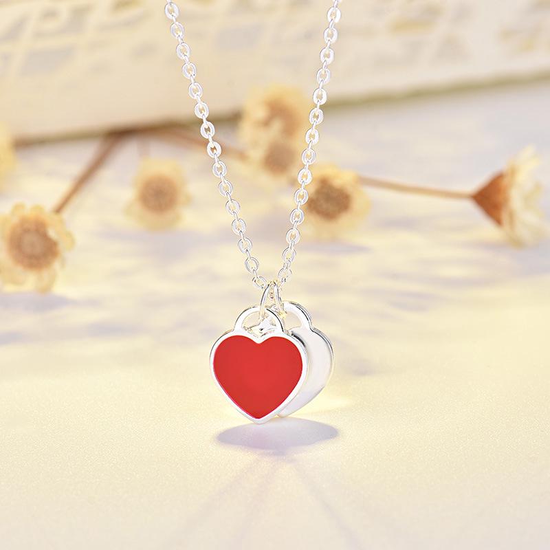 Qiaolanxuan Tri-Color Heart Enamel Necklace: Red, Blue & Pink T-Neck Clavicle Chain