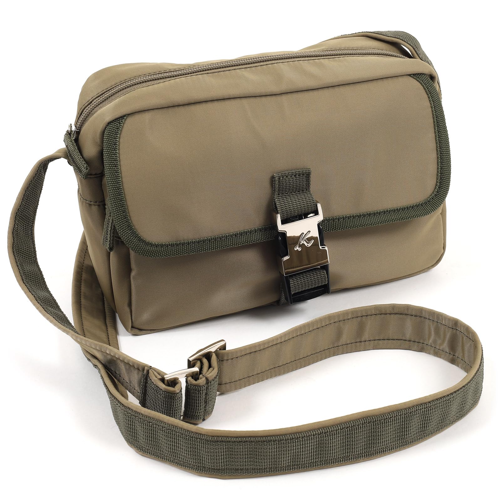 

K Mark Engraved Metal Belt Wide Gusset Crossbody Shoulder Bag Khaki 33331 [Kitamura] Z-0633 Women s [Green]