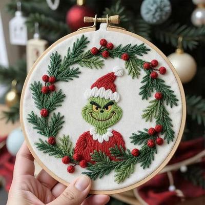 1 Set Weihnachts-Stickset Erwachsene Anfänger Grünhaariger Elfenkranz Vorbedrucktes Kreuzstich-Handwerk Stickerei-Starterset DIY-Enthusiasten-Geschenk