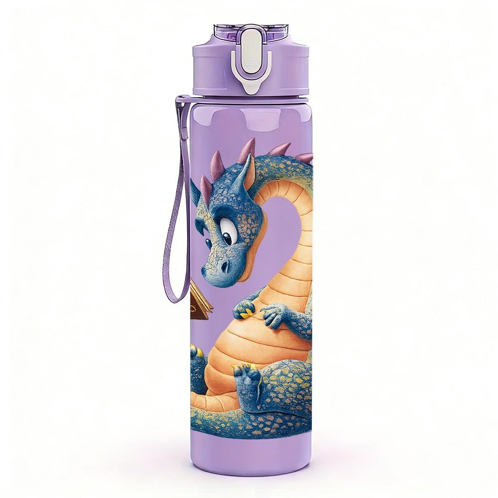 1PC Fantasy Blue Dragon Pattern 750ml Color Plastic Sports Water Bottle Leakproof Flip Straw Lid Suitable for Sports Office Home Use