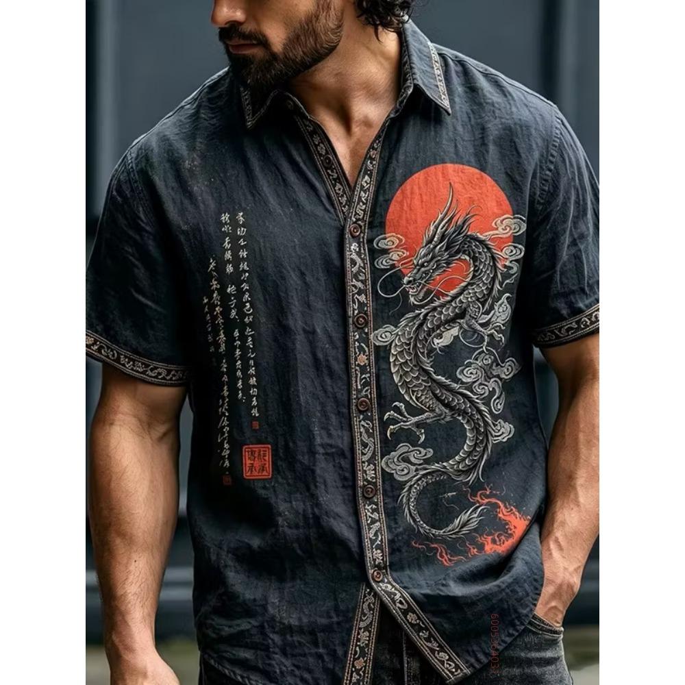 Men's Short Sleeved Shirt, Cat Noodle Printed Top, Versatile for Daily Commuting and Travel, Fashionable and Casual Loose Shirt