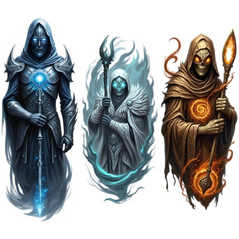 3pcs Temporary Tattoo Waterproof Long-lasting Body Stickers Hooded Figure Mystic Blue Sword Skeleton Warrior For Adults Men