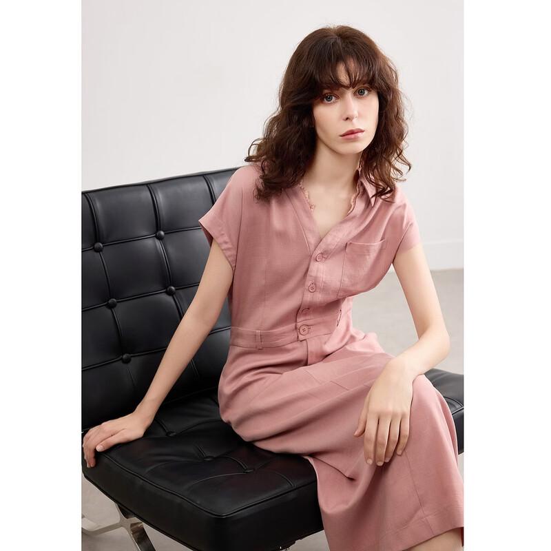 Women's Elegant Linen Blend V-Neck Mid-Length Dress