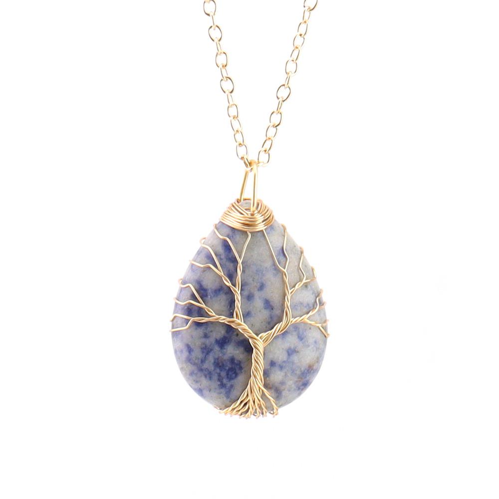 Natural Crystal Water Drop Leaf & Tree of Life Pendant Necklace for Women, Alloy Woven Jewelry Accessory N749