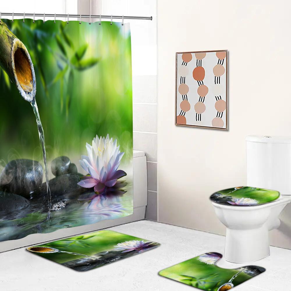 Grüne Pflanzen Bambus Blumen Zen Stein Badezimmervorhang Polyesterstoff Duschvorhänge und Teppiche Toilettendeckel Badematten Set Dekor