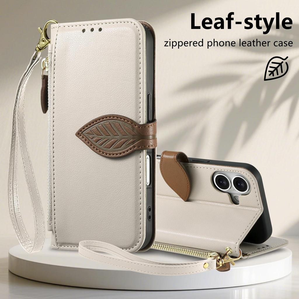 iPhone 17 Leaf Leather Flip Case with Crossbody Strap