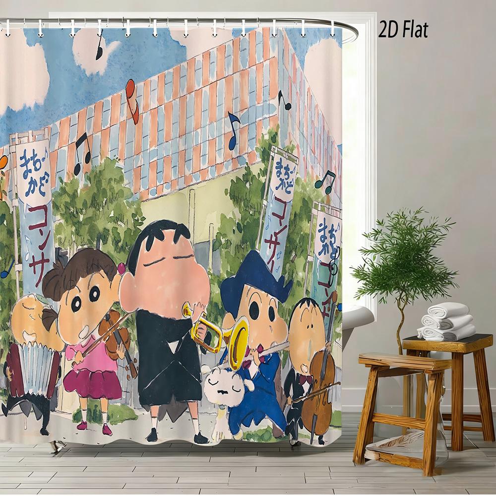 Crayon Shin-Chan & Shiro Checkerboard Pattern With Camera & Radio 2D Print Waterproof Shower Curtain, Yellow & White Bathroom De