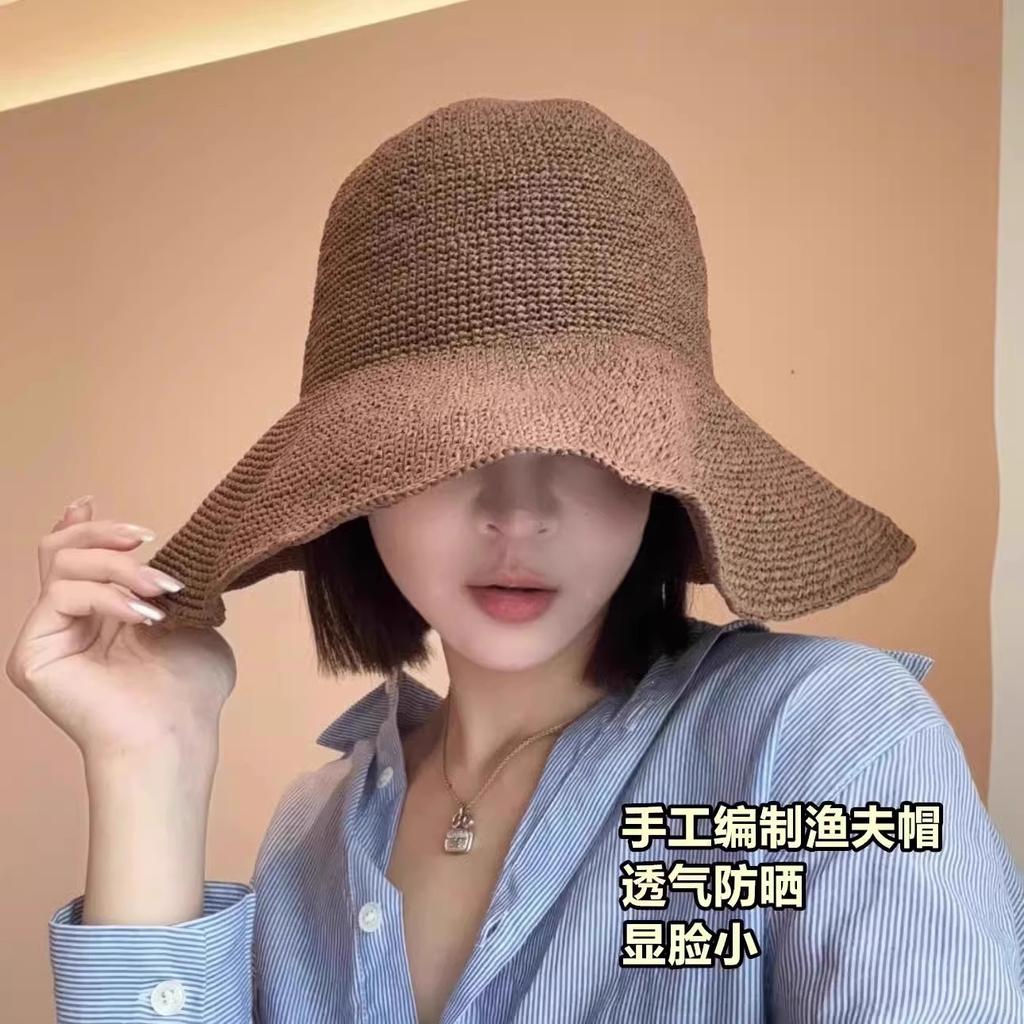 Pure Hand-Woven Big-Brimmed Straw Hat, High-Quality Bucket Hat, Fashionable Sunshade Straw Hat, Face-Showing Small Vacation Sun Protection Hat