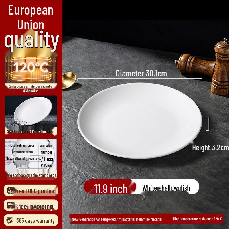 White Melamine Imitation Porcelain Plates: Commercial Round Flat Resin Tableware for Restaurants, Shallow Cold Dish or Rice Bowl Plates.