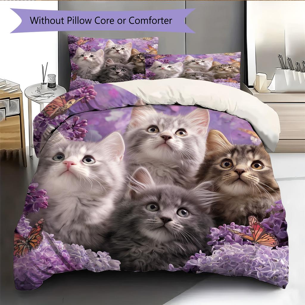 Purple Tabby Cat Pattern Bedding Quilt Set Quilt Cover Pillowcase Home Decoration Gift (1 * duvet cover + 2 * pillowcase, without core)