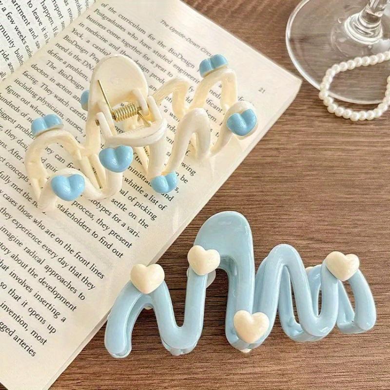 Women'S Solid Color Blue Elegant Simple Love Wave Large Hair Claw Clip for Daily Hair Organization, Sweet Style, Best Gift
