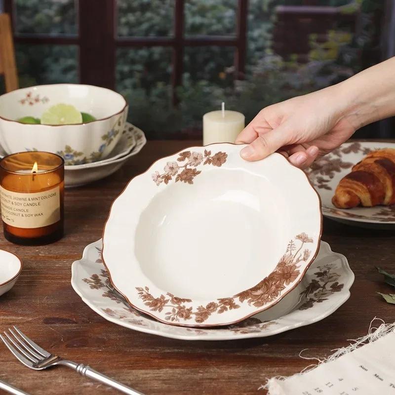 SOLECASA European Style Retro Ceramic Tableware Rose Pattern Bowl Plates Dessert Dish Spaghetti Plate Fruit Salad Bowl household