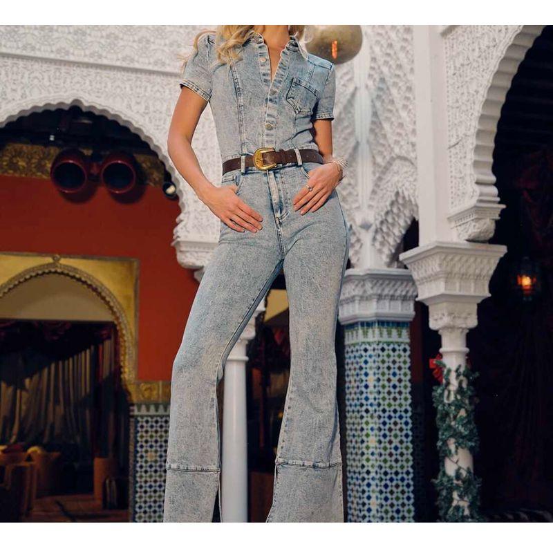 

Экспорт Одинокая Взрослая Леди как Женщина Лето Новое Поступление Легче всего Сочетать Высокий Стройный Вид Лацкан Стираный Деним Рог Отделка Талии Комбинезон с Коротким Рукавом Light blue M