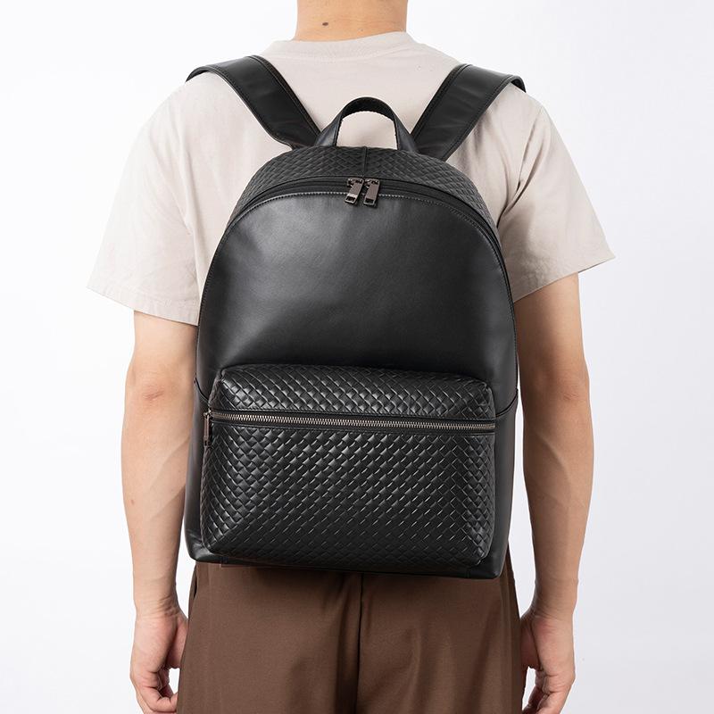 Embossed Woven Top Layer Cowhide Backpack Genuine Leather Backpack for Men Stylish Large Capacity Computer Bag