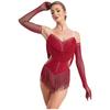 Womens Sparkling Tassel Dancewear Mesh Draped Leotard Rhinestone Fringed Bodysuit Adjustable Strap Gymnastics Outfit