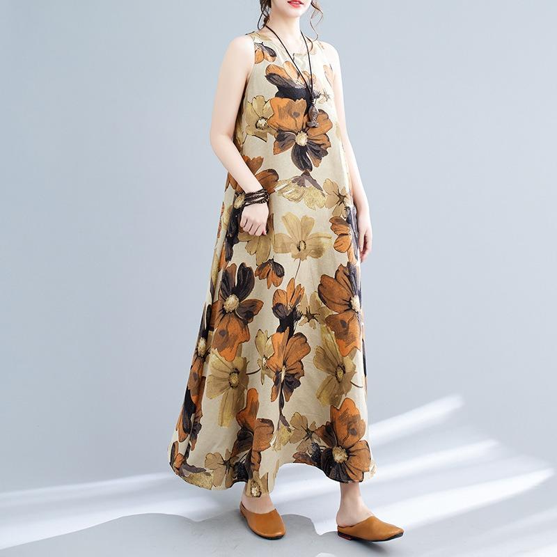 Real Summer New Literary Loose Cotton and Linen Printing Round Neck Sleeveless Dress Women's Medium and Long