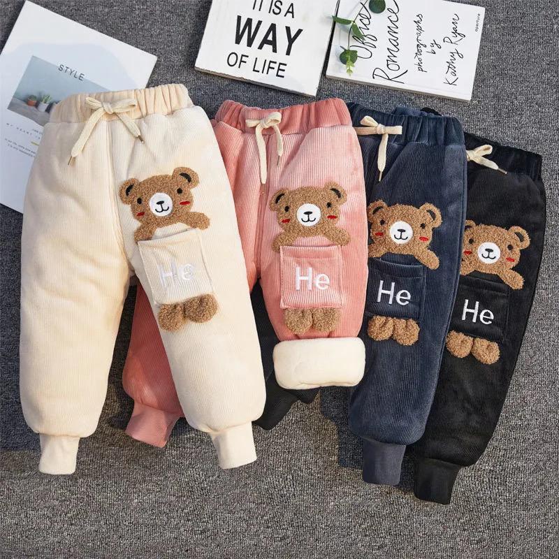 Winter Keep Warm Baby Boys Pants Cute Cartoon Bear Corduroy Girls Trousers Christmas Birthday Gifts 1 2 3 4 5 Years Kids Clothes