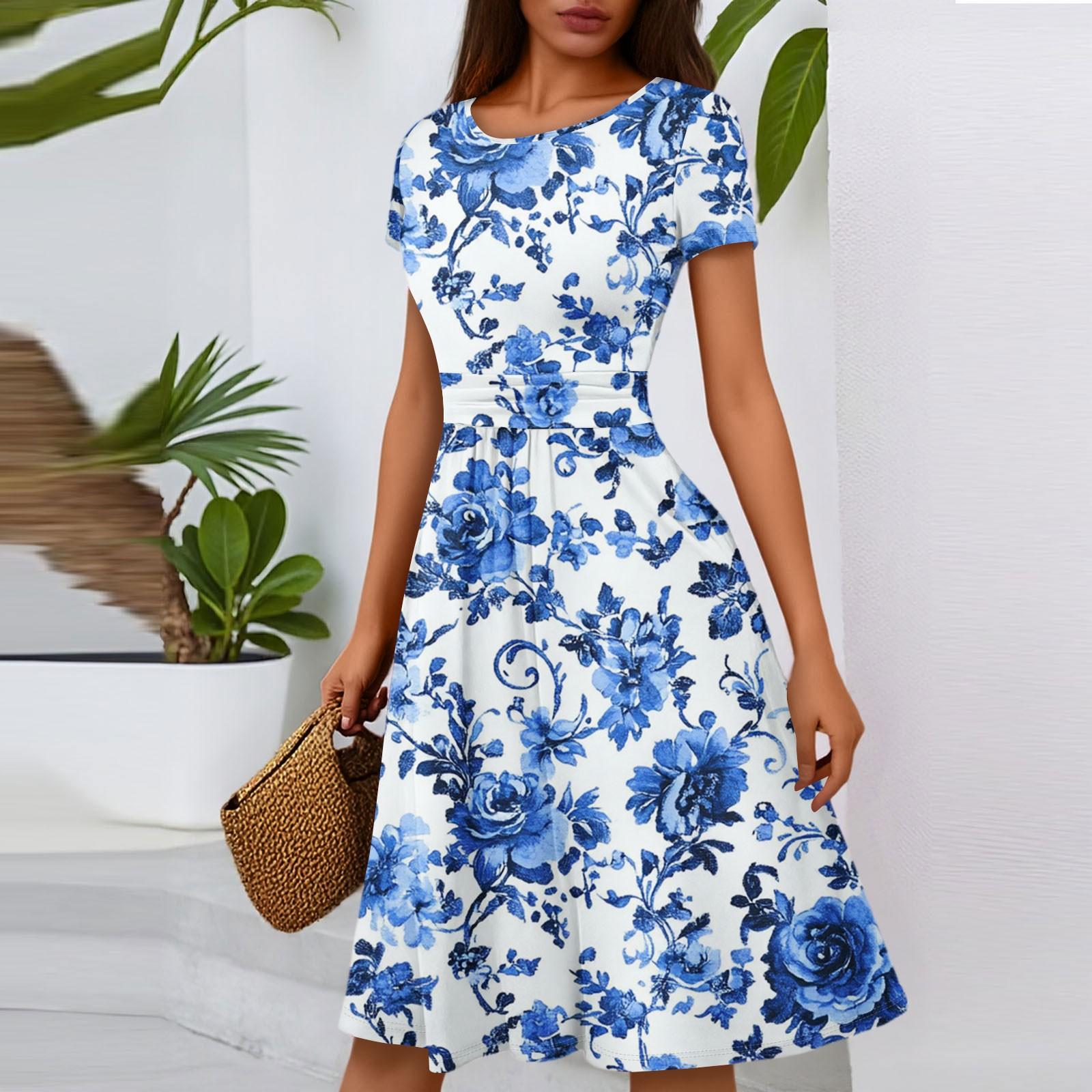 

Женское повседневное модное платье миди А-силуэта с круглым вырезом, плиссированными короткими рукавами и цветочным принтом S синий
