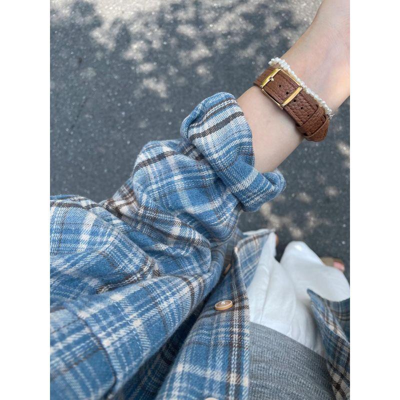

Early Autumn Gingham Long Sleeves Outer Match Shirt Women Spring & Fall Loose Oversize Harajuku Style Casual All-Match Shirt Outwear Blue S