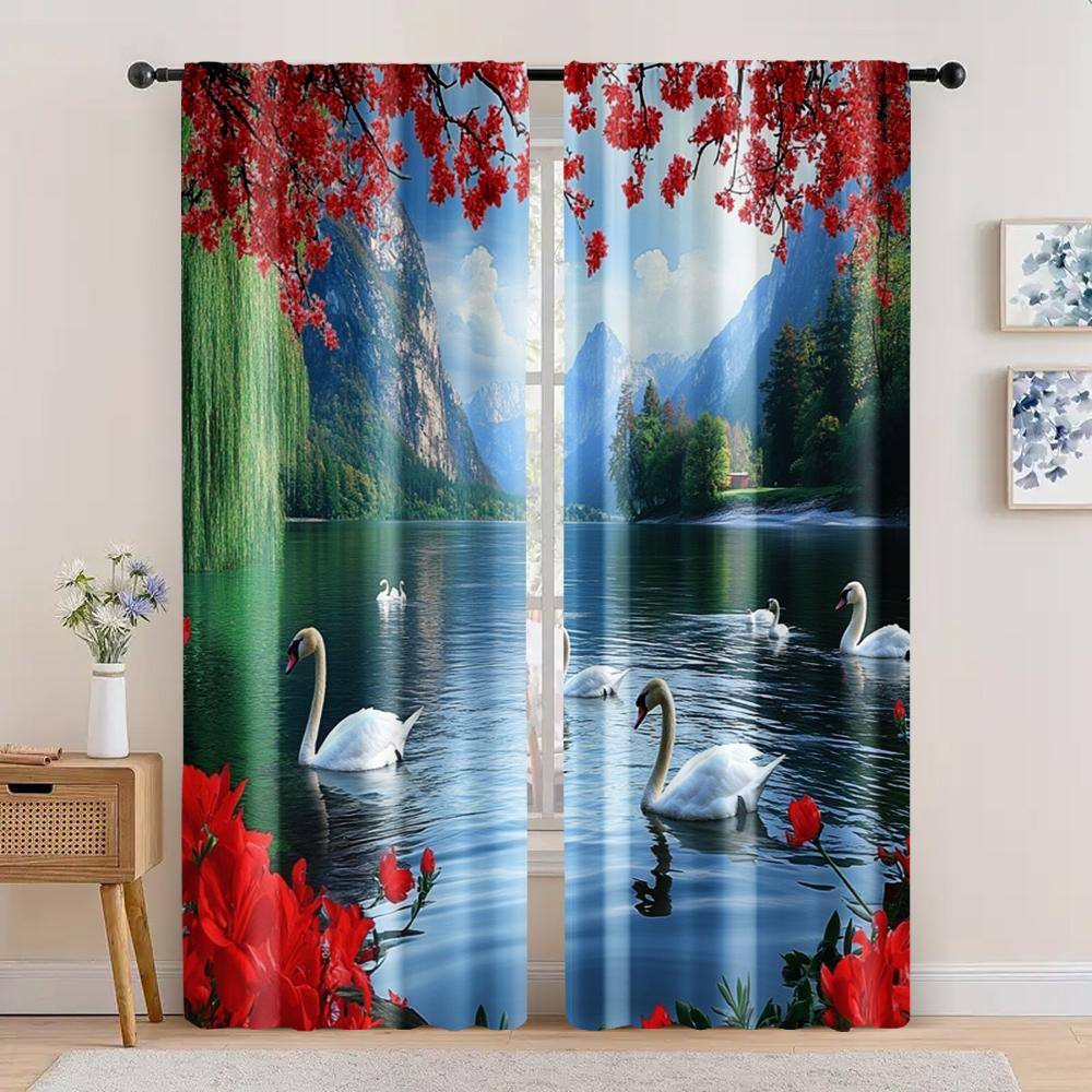 

2 шт., Шторы Живописный лес_ Лебединое озеро_ чайки_ рыбы_ и красный цветущий цветок вечеринка Универсальный 100% полиэстер, Без 29x65in(75x166cm)