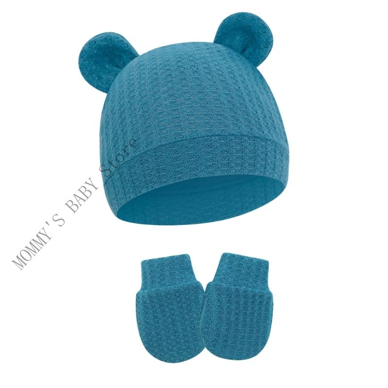 H3CD Stylish Newborns Baby Hat And Scratch Proof Mittens Cotton Set For Various Uses Infants 0-6 Months Elastic