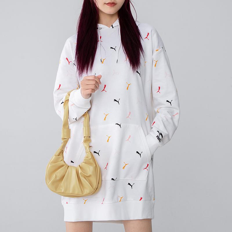 Puma Logo All Over Print Breathable Loose Casual Hooded Long Sleeve Dress Women Dresses White 531648-02