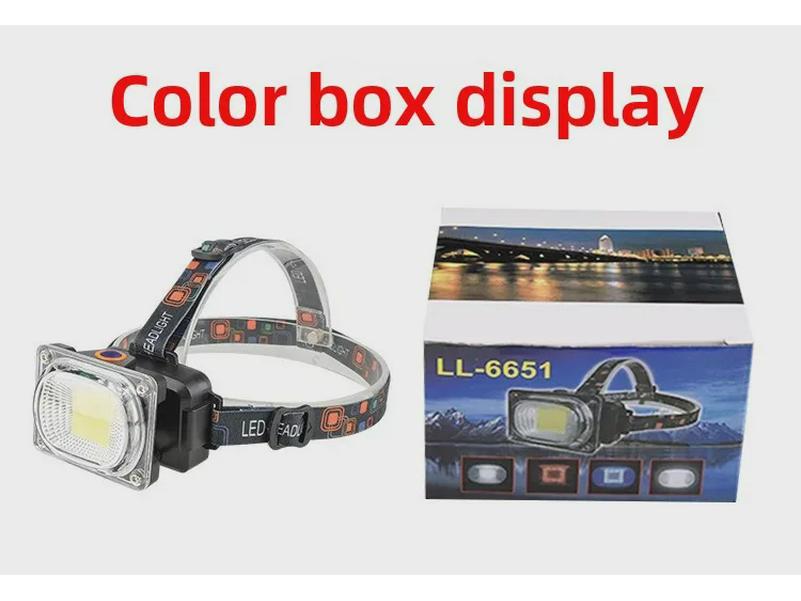 Rechargeable LED Headlamp with 18650 Battery, COB Floodlight, and Red/Green Warning Flash.