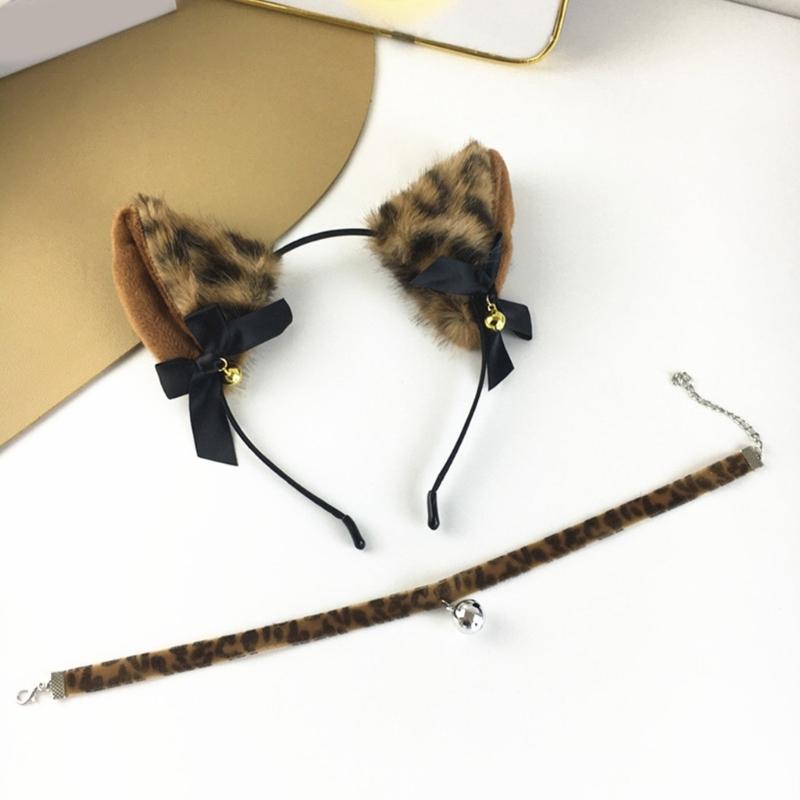 Leopard Cats Ears Headband with Bells Collar Set Cats Costumes Accessories for Women Halloween Cosplay Party Costumes
