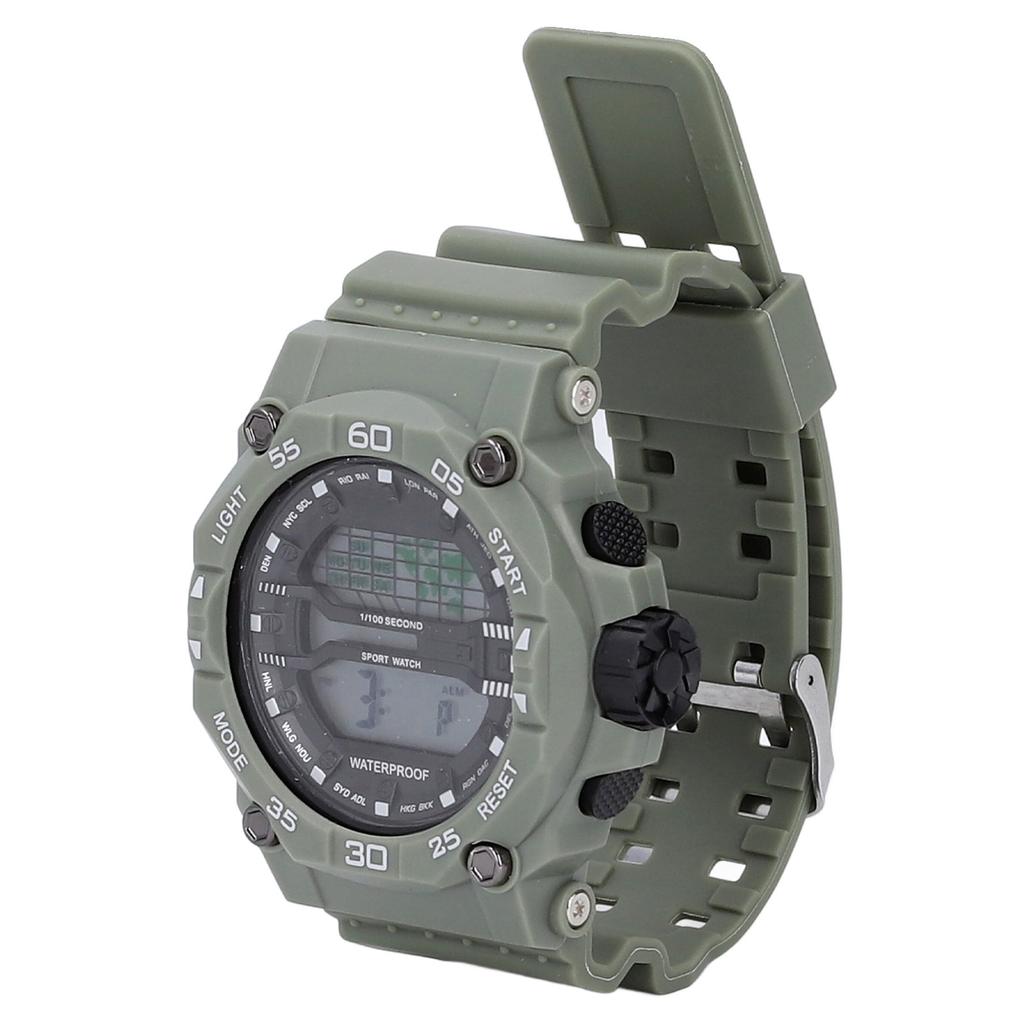Men Watch LED Night Light 50m Waterproof Large Screen Rubber Strap World Time Zone Digital Display